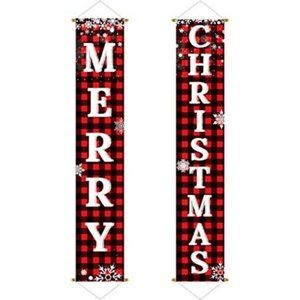 Vintage Style Merry Christmas Buffalo Plaid 2 Piece Door Fireplace Sign Banner